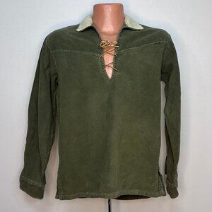 Vintage 1960s Olive Green Lace up Shirt, Sherpa Collar & Cuff, Ponderosa Western
